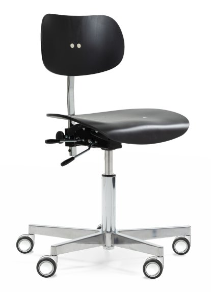 S 197 R20 Drehstuhl, ohne Armlehnen, Buche gebeizt schwarz, Verchromt/Aluminium poliert, Doppelrollen chrom für Hartboden