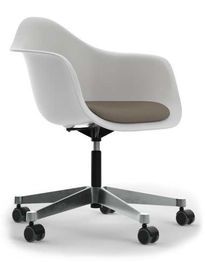 Eames Plastic Armchair PACC, Cotton white, Mit Sitzpolster, Warmgrey / moorbraun