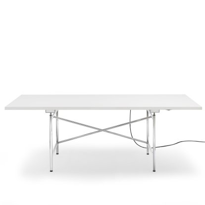 Eiermann 1 E Tisch (Elektrische Höhenverstellung), Melamin weiß mit weißer Kante, 200 x 90 cm, Chrom, Ohne Kabelkanal