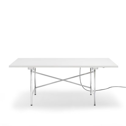 Eiermann 1 E Tisch (Elektrische Höhenverstellung), Melamin weiß mit weißer Kante, 180 x 90 cm, Chrom, Ohne Kabelkanal
