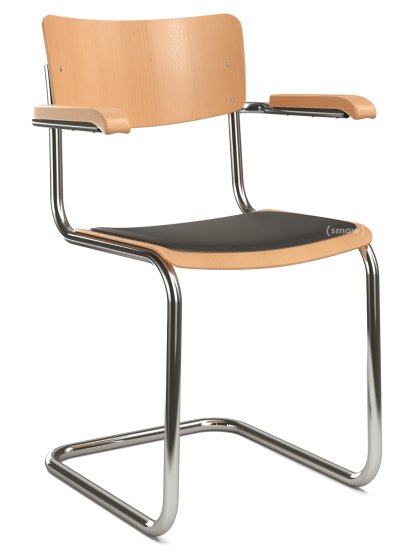 S 43 F Klassik Freischwinger, Gestell verchromt, Buche gebeizt, Buche, klar lackiert, Sitzauflage schwarz, gepolstert, Kunststoffgleiter schwarz mit Filz