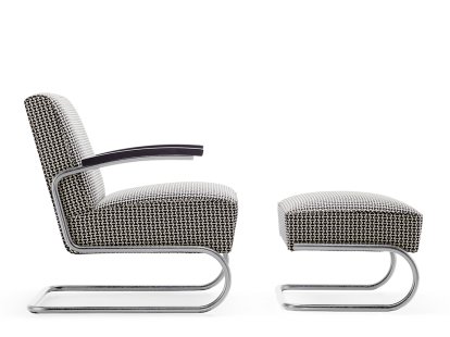 S 411 Freischwinger-Sessel, Stoff Double Triangles, Verchromt, Mit Fußhocker, Ohne Gleiter