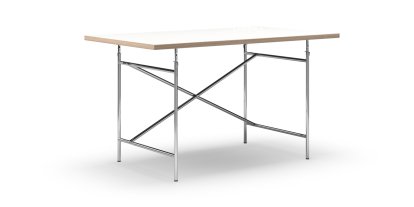 Eiermann Tisch, Melamin weiß mit Eichekante, 140 x 80 cm, Chrom, senkrecht, versetzt (Eiermann 2), 100 x 66 cm