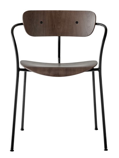 Pavilion Stuhl AV2, Nussbaum lackiert, Schwarz pulverbeschichtet, Mit Armlehnen