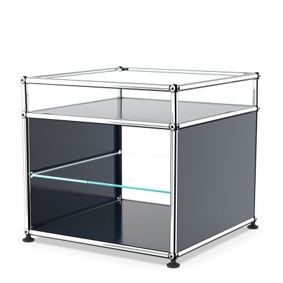 USM Haller Beistelltisch mit Aufsatz und Glas-Zwischentablar, Stahlblau RAL 5011