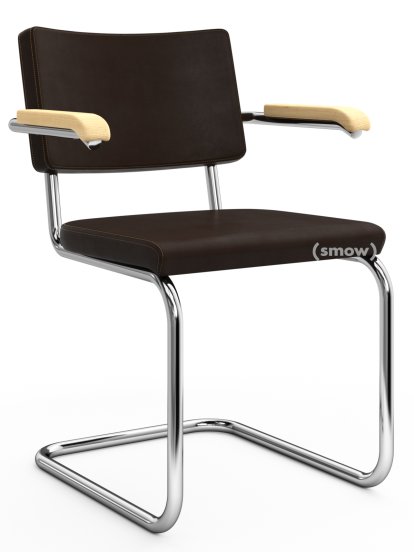 S 64 PV Pure Materials Freischwinger, Nappaleder dunkelbraun, Esche, Verchromt, Kunststoffgleiter schwarz mit Filz