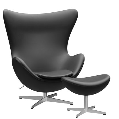 Egg Chair, Leder Essential, Black, Satingebürstetes Aluminium, Mit Fußhocker