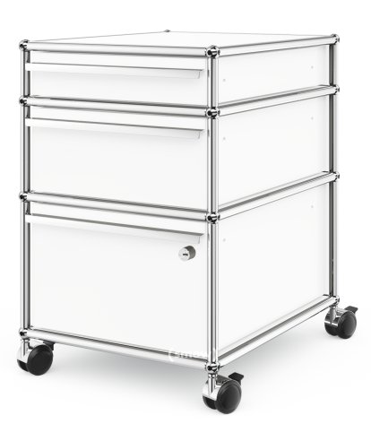 USM Haller Rollcontainer mit 3 Schubladen Typ 2 (mit Gegengewicht), Unterste Schublade mit Schloss, Reinweiß RAL 9010