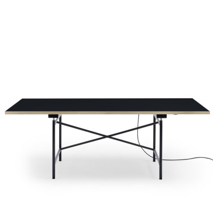 Eiermann 1 E Tisch (Elektrische Höhenverstellung), Linoleum schwarz (Forbo 4023) mit Eichekante, 200 x 90 cm, Schwarz, Ohne Kabelkanal