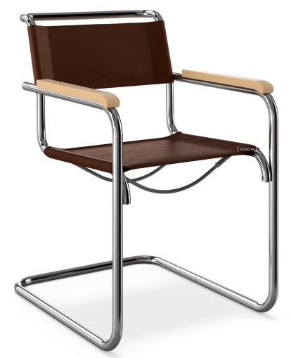 S 33 / S 34 Freischwinger, mit Armlehnen Buche gebeizt natur, Kernleder, schokolade, Ohne Gleiter