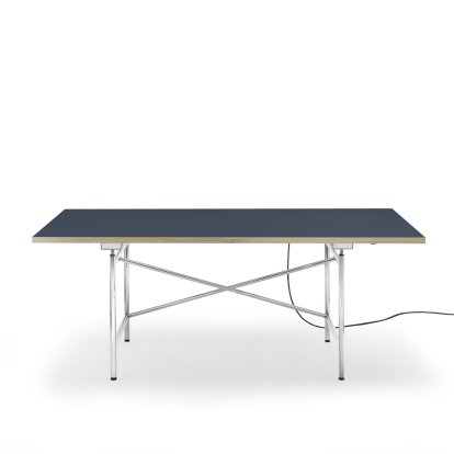 Eiermann 1 E Tisch (Elektrische Höhenverstellung), Linoleum rauchblau (Forbo 4179) mit Eichekante, 180 x 90 cm, Chrom, Mit Kabelkanal