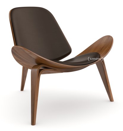 CH07 Shell Stuhl, Nussbaum klar lackiert, Leder braun