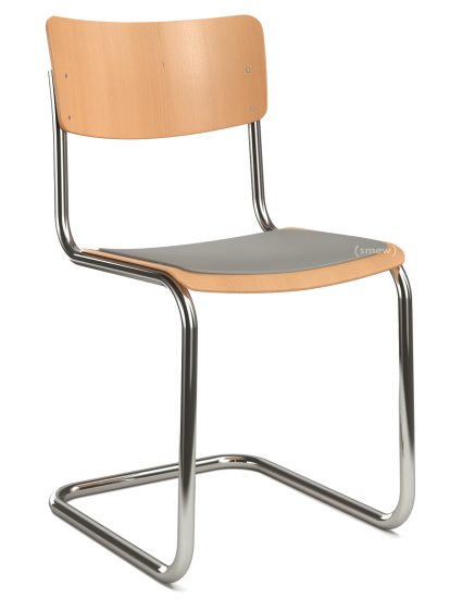 S 43 Klassik Freischwinger, Gestell verchromt, Buche gebeizt, Buche, klar lackiert, Sitzauflage hellgrau meliert, ungepolstert, Ohne Gleiter
