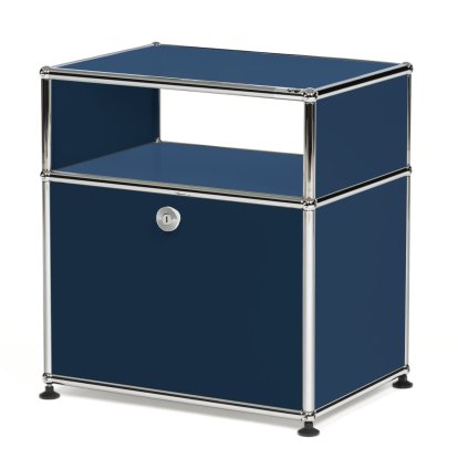 USM Haller Nachttisch mit Klapptür und Zwischentablar, Stahlblau RAL 5011