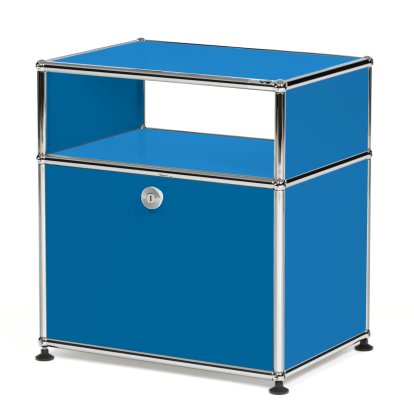 USM Haller Nachttisch mit Klapptür und Zwischentablar, Enzianblau RAL 5010