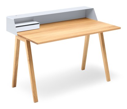 PS04 / PS05 Sekretär, B 120 x T 75 cm (PS05), Signalweiß (RAL 9003), Eiche geölt, Mit Elektrobox