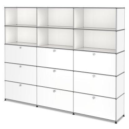 USM Haller Aktenregal XL, individualisierbar, Reinweiß RAL 9010, Offen, Mit 3 Klappen, Mit 3 Klappen, Mit 3 Auszügen