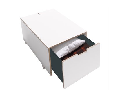 Bettkasten 16, L 93,1 x B 46,8, Melamin weiß mit Birkenkante, Komfort (mit Rollen)