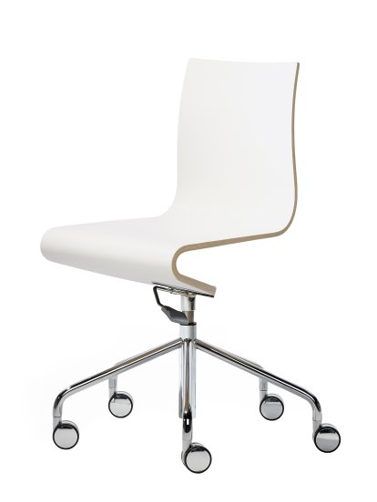 Arbeitsstuhl Seesaw, Verchromt, mit Gasfeder, Ohne Armlehnen, Buche natur / Melamin weiß beschichtet