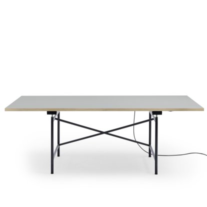 Eiermann 1 E Tisch (Elektrische Höhenverstellung), Linoleum aschgrau (Forbo 4132) mit Eichekante, 200 x 90 cm, Schwarz, Mit Kabelkanal