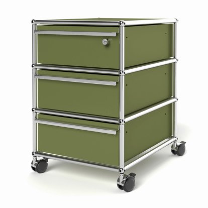 USM Haller Rollcontainer mit 3 Schubladen Typ 1 (mit Gegengewicht), Oberste Schublade mit Schloss, Olivgrün RAL 6003