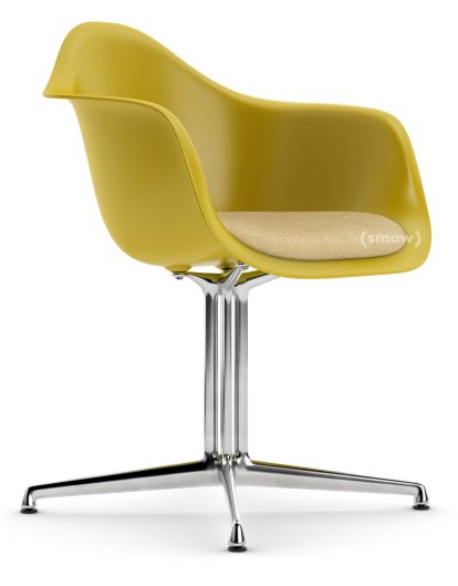 Eames Plastic Armchair DAL, Senf, Mit Sitzpolster, Senf / elfenbein, Aluminium poliert, Neue Sitzhöhe (43,0 cm)