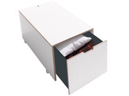 Bettkasten 16, L 103,1 x B 46,8, Melamin weiß mit Birkenkante, Komfort (mit Rollen)
