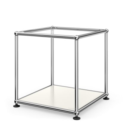 USM Haller Beistelltisch 35, Oben Glas, unten Metall, Reinweiß RAL 9010