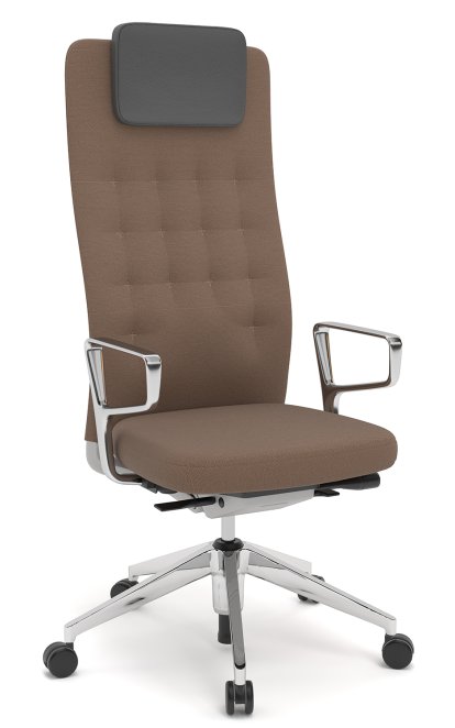 ID Trim L, FlowMotion ohne Sitztiefenverstellung, Mit Ringarmlehnen Aluminium poliert, Soft grey, Stoff Plano braun, Hart für Teppichboden