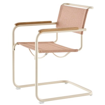 S 33 / S 34 V Soft Freischwinger, mit Armlehnen Eiche geölt, Perlweiß matt pulverbeschichtet, Stoff Cento lotus - rose, Kunststoffgleiter transparent mit Filz