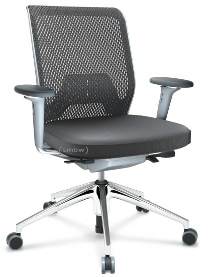 ID Mesh, FlowMotion-ohne Vorwärtsneigung, ohne Sitztiefenverstellung, Mit 3D-Armlehnen, 5-Stern Untergestell, Aluminium poliert, Soft grey, Sitz Silk Mesh, Rücken Diamond Mesh, Asphalt, Weich für harte Böden