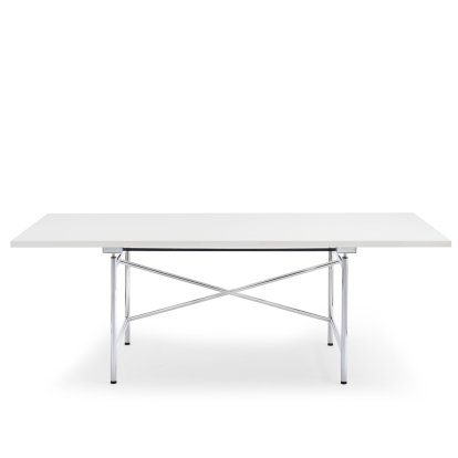 Eiermann 1 M Tisch (Mechanische Höhenverstellung), Melamin weiß mit weißer Kante, 200 x 90 cm, Chrom