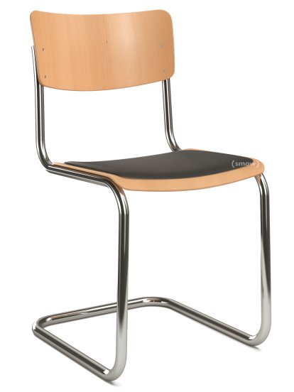 S 43 Klassik Freischwinger, Gestell verchromt, Buche gebeizt, Buche, klar lackiert, Sitzauflage schwarz, gepolstert, Ohne Gleiter