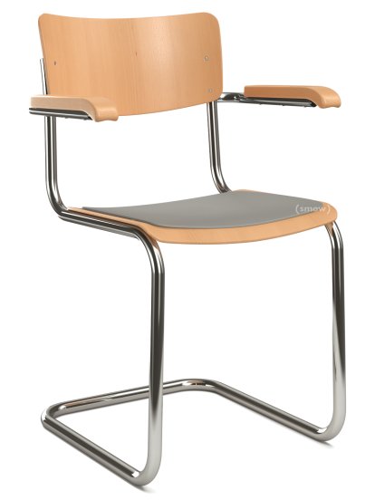 S 43 F Klassik Freischwinger, Gestell verchromt, Buche gebeizt, Buche, klar lackiert, Sitzauflage hellgrau meliert, ungepolstert, Ohne Gleiter